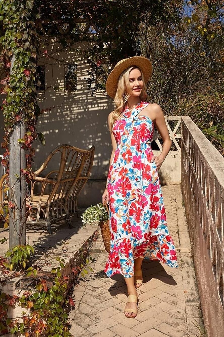 GRACE KARIN Women Summer Floral Boho Dress Square Neck Strapped Swing Beach 2xl